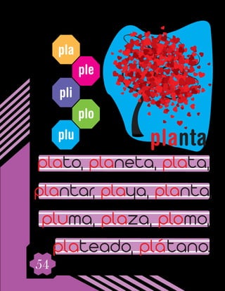 54
pla
ple
pli
plo
plu
plantar, playa, planta,
plato, planeta, plata,
pluma, plaza, plomo,
plateado, plátano.
planta
 