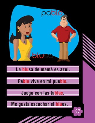 57
La blusa de mamá es azul.
Pablo vive en mi pueblo.
Juego con las tablas.
Me gusta escuchar el blues.
blusa
pablo
 