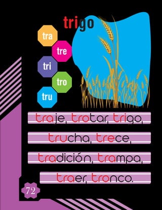 72
tra
tre
tri
tro
tru
traje, trotar, trigo,
trucha, trece,
tradición, trampa,
traer, tronco.
trigo
 