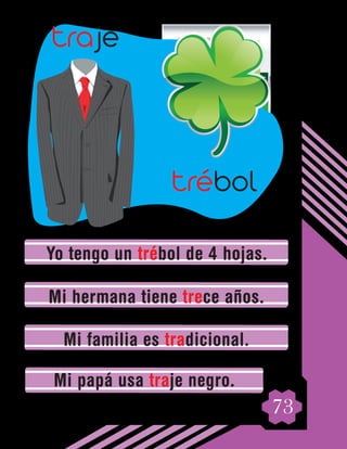 73
Yo tengo un trébol de 4 hojas.
Mi hermana tiene trece años.
Mi familia es tradicional.
Mi papá usa traje negro.
traje
trébol
 