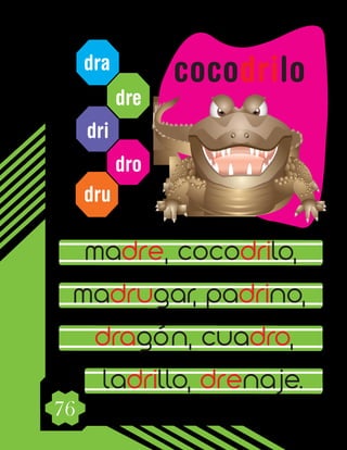 76
dra
dre
dri
dro
dru
madre, cocodrilo,
madrugar, padrino,
dragón, cuadro,
ladrillo, drenaje.
cocodrilo
 