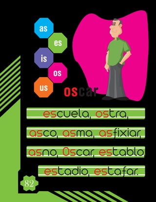 82
as
es
is
os
us
escuela, ostra,
asco, asma, asfixiar,
asno, Oscar, establo,
estadio, estafar.
oscar
 