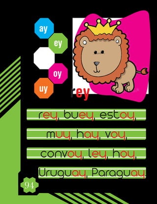 94
ay
ey
oy
uy
rey, buey, estoy,
muy, hay, voy,
convoy, ley, hoy,
Uruguay, Paraguay.
rey
 