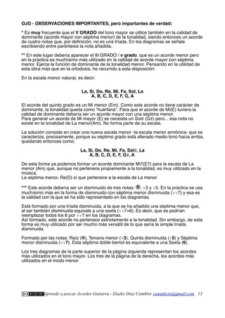 OJO - OBSERVACIONES IMPORTANTES, pero importantes de verdad:
* Es muy frecuente que el V GRADO del tono mayor se utilice también en la calidad de
dominante (acorde mayor con séptima menor) de la tonalidad, siendo entonces un acorde
de cuatro notas que, por defnición, no es una tríada. En los diagramas se señala
escribiendo entre paréntesis la nota añadida.
** En este lugar debería aparecer el III GRADO / v grado, que es un acorde menor pero
en la práctica es muchísimo más utilizado en la calidad de acorde mayor con séptima
menor. Ejerce la función de dominante de la tonalidad menor. Pensando en la utilidad de
esta obra más que en la ortodoxia, he recurrido a esta disposición.
En la escala menor natural, es decir:
La, Si, Do, Re, Mi, Fa, Sol, La
A, B, C, D, E, F, G, A
El acorde del quinto grado es un Mi menor (Em). Como este acorde no tiene carácter de
dominante, la tonalidad queda como “huérfana”. Para que el acorde de Mi(E) tuviera la
calidad de dominante debería ser un acorde mayor con una séptima menor.
Para generar un acorde de Mi mayor (E) se necesita un Sol♯ (G♯) pero... esa nota no
existe en la tonalidad de La menor(Am). No forma parte de su escala.
La solución consiste en crear una nueva escala menor -la escala menor armónica- que se
caracteriza, precisamente, porque su séptimo grado está alterado medio tono hacia arriba,
quedando entonces como:
La, Si, Do, Re, Mi, Fa, Sol♯, La
A, B, C, D, E, F, G♯, A
De esta forma ya podemos formar un acorde dominante Mi7(E7) para la escala de La
menor (Am) que, aunque no pertenece propiamente a la tonalidad, es muy utilizado en la
música.
La séptima menor, Re(D) sí que pertenece a la escala de La menor
*** Este acorde debería ser un disminuido de tres notas: ®, ♭3 y ♭5. En la práctica se usa
muchísimo más en la forma de disminuido con séptima menor disminuida (♭♭7) y esa es
la calidad con la que se ha sido representado en los diagramas.
Está formado por una tríada disminuida, a la que se ha añadido una séptima menor que,
al ser también disminuida equivale a una sexta (♭♭7=6). Es decir, que se podrían
reemplazar todos los 6 por ♭♭7 en los diagramas.
Así formado, este acorde no pertenece estrictamente a la tonalidad. Sin embargo, de esta
forma es muy utilizado por ser mucho más versátil de lo que sería la simple tríada
disminuida.
Formado por las notas: Raíz (®), Tercera menor (♭3), Quinta disminuida (♭5) y Séptima
menor disminuida (♭♭7). Esta séptima doble bemol es equivalente a una Sexta (6).
Los tres diagramas de la parte superior de la página izquierda representan los acordes
más utilizados en el tono mayor. Los tres de la página de la derecha, los acordes más
utilizados en el modo menor.
Aprende a pescar Acordes Guitarra - Eladio Díaz Camblor cantalicio@gmail.com 13
 