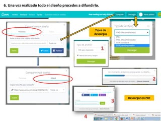6. Una vez realizado todo el diseño procedes a difundirlo.
Tipos de
descargas
Descargar en PDF
 