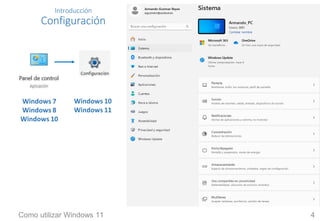 Introducción
Configuración
Windows 7
Windows 8
Windows 10
Windows 10
Windows 11
Como utilizar Windows 11 4
 