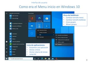 Interfaz de usuario
Como era el Menu inicio en Windows 10
Área de baldosas:
• Cambiar tamaño menú
• Cambiar tamaño baldosas
• Crear grupos
• Mover grupos
Lista de aplicaciones:
• Encontrar una aplicación
• Anclar a Inicio
• Anclar a barra de tareas
• Jump list
Como utilizar Windows 11 8
 