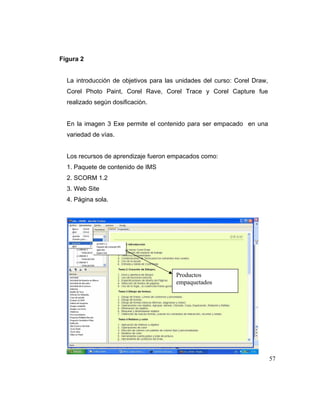 Figura 2

La introducción de objetivos para las unidades del curso: Corel Draw,
Corel Photo Paint, Corel Rave, Corel Trace y Corel Capture fue
realizado según dosificación.

En la imagen 3 Exe permite el contenido para ser empacado en una
variedad de vías.

Los recursos de aprendizaje fueron empacados como:
1. Paquete de contenido de IMS
2. SCORM 1.2
3. Web Site
4. Página sola.

Productos
empaquetados

57

 