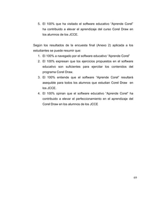5. El 100% que ha visitado el software educativo “Aprende Corel”
ha contribuido a elevar el aprendizaje del curso Corel Draw en
los alumnos de los JCCE.

Según los resultados de la encuesta final (Anexo 2) aplicada a los
estudiantes se puede resumir que:
1. El 100% a navegado por el software educativo “Aprende Corel”
2. El 100% expresan que los ejercicios propuestos en el software
educativo son suficientes para ejercitar los contenidos del
programa Corel Draw.
3. El 100% entiende que el software “Aprende Corel” resultará
asequible para todos los alumnos que estudian Corel Draw en
los JCCE.
4. El 100% opinan que el software educativo “Aprende Corel” ha
contribuido a elevar el perfeccionamiento en el aprendizaje del
Corel Draw en los alumnos de los JCCE

69

 