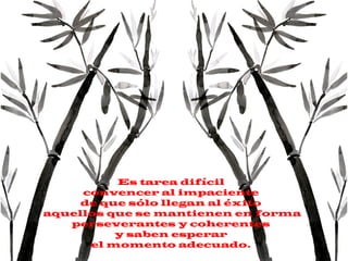 Es tarea difícil
convencer al impaciente
de que sólo llegan al éxito
aquellos que se mantienen en forma
perseverantes y coherentes
y saben esperar
el momento adecuado.
 