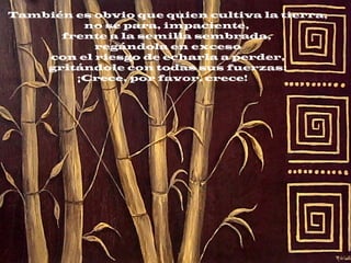 También es obvio que quien cultiva la tierra,
no se para, impaciente,
frente a la semilla sembrada,
regándola en exceso
con el riesgo de echarla a perder,
gritándole con todas sus fuerzas:
¡Crece, por favor, crece! 
 