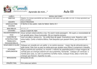 Aprendei de mim...” Aula 03
LIÇÃO 3 NOSSA, QUE FOME !
OBJETIVO Objetivo: As crianças aprenderão que Jesus sempre está atento aos que estão com ele. A criança aprenderá que
Deus é provedor.
ASSUNTO DEUS É PROVEDOR.
VERSÍCULO PARA
DECORAR
O Senhor é meu pastor, nada me faltará. Salmo 23.1
BASE BÍBLICA Lc 9 .12 - 17
LOUVORES DEUS É BOM PR MIM
ENCAMINHAMENTO DA
AULA
Jesus sempre estará atento a nos. Foi assim nesta passagem . Ele supriu a necessidade de
um grande povo. Deus é provedor. Ele se importa conosco.
SUGESTÃO DE
ESTRATÉGIA PARA
TRABALHAR A
PASSAGEM BÍBLICA
Leve uns pães e peixes cru. Ou então faça de papel. Dramatize a aula. Reparta o pão
entre todos. Conte a história bíblica. Fale daqueles que passam fome, que precisam de
ajuda.
DESAFIANDO O ALUNO Coloque um coração em um palito e no centro escreva : trazer 1kg de alimento para a
ação social. Fale com os pais na saída para que ajudem seus filhos a cumprirem o desafio.
ATIVIDADE
COMPLEMENTAR
Pegue pratinho de scartável, ou recorte 1 rodinha de papelaão(prato) e traga imagens de
comida para as crianças colarem em seus pratinhos, formando . Coloque um versículo e
mande para casa, ou cole os pratinhos na folha maior, Coloque tírulo, data e nome das
crianças que fizeram. Exponha na sala.
BRINCADEIRA Brinquedos da sala.
ORAÇÃO FINAL Oree peça que repitam.
 