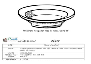 O Senhor é meu pastor, nada me faltará. Salmo 23.1
Aprendei de mim...” Aula 04
LIÇÃO 4 Lázaro, sai para fora !
OBJETIVO As crianças aprenderão que onde Jesus chega, chega a alegria. Sai a morte, o choro e entra a vida a alegria....
Jesus tem todo o poder....do
ASSUNTO DEUS É PROVEDOR.
VERSÍCULO PARA
DECORAR
Tudo que pedires a Deus, ele te dará.
João 11:22
BASE BÍBLICA Jo 11. 17-44
 