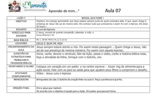 Aprendei de mim...” Aula 07
LIÇÃO 7 NOSSA, QUE FOME !
OBJETIVO Objetivo: As crianças aprenderão que Jesus estava sempre junto de quem precisava dele. E que quem chega à
presença de Jesus não sai do mesmo jeito. Ele conhece tudo que precisamos e assim foi com o leproso. Ele disse
Sê limpo !.
ASSUNTO A cura do leproso
VERSÍCULO PARA
DECORAR
E Jesus, movido de grande compaixão, estendeu a mão, e
tocou-oMarcos 1:41
BASE BÍBLICA Mc 1. 39-44. Mt 8.1-4, Lc 5.12-16
LOUVORES DEUS É BOM PR MIM
ENCAMINHAMENTO DA
AULA
Jesus sempre estará atento a nós. Foi assim nesta passagem .. Quem chega a Jesus, não
sai de sua presença da mesma maneira. Foi assim com aquele leproso.
SUGESTÃO DE
ESTRATÉGIA PARA
TRABALHAR A
PASSAGEM BÍBLICA
Inicie, cante, decore o versículo, fale da lição, passe o vídeo, conte a história bíblica toda,
faça a atividade da folha, brinque com o boliche, ore.
DESAFIANDO O ALUNO Coloque um coração em um palito e no centro escreva : trazer 1kg de alimento para a
ação social. Fale com os pais na saída para que ajudem seus filhos a cumprirem o desafio.
ATIVIDADE
COMPLEMENTAR
Vídeo : Jesus cura o leproso
BRINCADEIRA Brinquedos da sala. E boliche da oração feita na aula 4. Peça a professora quefez.
ORAÇÃO FINAL Oree peça que repitam.
De acordo com o objetivo traçado para a lição. Orepelos que passamfome.
 