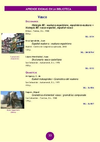 APRENDE IDIOMAS EN LA BIBLIOTECA
33
Vasco
DICCIONARIOS
Hiztegia 80 : euskara-espainiera, espainiera-euskara =
hiztegia 80: vasco-español, español-vasco
Bilbao : Taldea, D.L. 1980
854 p.
SIG.: 8/34
Kruz Igerabide, Juan
Español-euskera : euskara-espainiera
Madrid : Centro de Lingüistica aplicada, 2003
125 p.
SIG.: 3M/20764
López-Mendizábal, Isaac
Diccionario vasco-castellano
San Sebastián : Auñamendi, D.L. 1976
450 p.
SIG.: 8/33
GRAMÁTICAS
Arrigaray, C. de
Euskel-irakaspidea = Gramática del euskera
San Sebastián : Auñamendi, D.L. 1971
416 p.
SIG.: 3L/856
Sagues, Miguel
Gramática elemental vasca : gramática comparada
San Sebastián : Txertoa, D.L. 1980
179 p.
SIG.: 3L/857
Fuenterrabía
(Guipúzcoa)
Museo Guggenheim
(Bilbao)
 