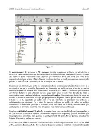 ESIISS: Aprenda Linux como si estuviera en Primero página 18
Figura 10
El administrador de archivos o file manager permite seleccionar archivos y/o directorios y
moverlos, copiarlos o eliminarlos. Para seleccionar un único fichero o un directorio basta con hacer
clic sobre él. Para seleccionar varios archivos y/o directorios basta con hacer clic sobre ellos
manteniendo pulsada la tecla <Ctrl>. Si están contiguos también se pueden seleccionar manteniendo
pulsada la tecla <⇑Shift> y clicando en los ficheros de los extremos.
Para mover un directorio, un archivo o una selección basta con mantener clicado el ratón sobre él y
arrastrarlo a su nueva posición. Para copiar un directorio, un archivo o una selección se realiza
también la operación anterior pero manteniendo pulsada la tecla <Ctrl>. Finalmente para eliminar
directorios, ficheros o una selección hay que clicar sobre ellos con el botón derecho del ratón y
aparecerá un menú en el que habrá que escoger la opción delete. Si se realiza un doble clic sobre un
fichero se abrirá un cuadro de diálogo que preguntará el programa con el que se desea abrir ese
fichero. Si se ha realizado un doble clic sobre un directorio se mostrarán los archivos y
subdirectorios que contiene. En el caso de haberse realizado un doble clic sobre un archivo
comprimido se mostrarán, igual que si se tratase de un directorio, los ficheros y subdirectorios que
contiene (no es necesario recurrir a otros programas para manipular su contenido).
En el menú Edit/Preferences/File Display se puede elegir entre ver también los archivos ocultos o
no (los archivos ocultos son aquellos cuyo nombre empieza con un punto y que son utilizados por
los programas o el sistema para guardar su configuración). El icono Rescan permite actualizar la
lista de ficheros tras realizar un cambio.
En el caso de no saber exactamente donde se encuentra un fichero puede resultar útil la opción Find
File ... del menú Commands. Se debe indicar el directorio donde se empezará a realizar la búsqueda
 