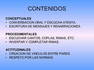 CONTENIDOS CONCEPTUALES CONVERSACION ORAL Y ESCUCHA ATENTA. ESCRITURA DE MENSAJES Y RENARRACIONES. PROCEDIMENTALES ESCUCHAR CANTOS, COPLAS, RIMAS, ETC. INVENTAR Y COMPLETAR RIMAS. ACTITUDINALES CREACION DE VINCULOS ENTRE PARES. RESPETO POR LAS NORMAS.