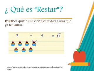 ¿ Qué es “Restar”?
Restar es quitar una cierta cantidad a otra que
ya teníamos.
https://www.smartick.es/blog/matematicas/recursos-didacticos/la-
resta/