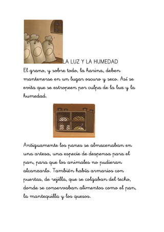 LA LUZ Y LA HUMEDAD
El grano, y sobre todo, la harina, deben
mantenerse en un lugar oscuro y seco. Así se
evita que se estropeen por culpa de la luz y la
humedad.




Antiguamente los panes se almacenaban en
una artesa, una especie de despensa para el
pan, para que los animales no pudieran
alcanzarlo. También había armarios con
puertas, de rejilla, que se colgaban del techo,
donde se conservaban alimentos como el pan,
la mantequilla y los quesos.
 