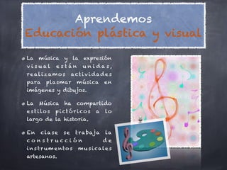 Aprendemos
Educación plástica y visual

La música y la expresión
visual         están        uni das,
r e al i z am o s      act i v i d ad e s
para      plasmar        música        en
imágenes y dibujos.

La    Música       ha    compartido
e s t i lo s   p i ct ó r i co s   a   lo
largo de la historia.

En     c la s e   se    t r a baja     la
cons trucción                          de
i n s t r u m e nto s     m u s i cale s
artesanos.
 