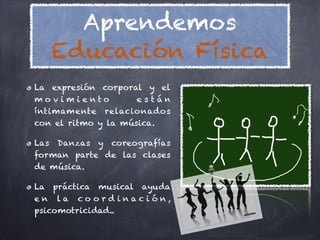 Aprendemos
   Educación Física
La expresión corporal y el
mo vimiento          están
íntimamente relacionados
con el ritmo y la música.

Las Danzas y coreografías
forman parte de las clases
de música.

La práctica musical ayuda
en la coordinación,
psicomotricidad..
 
