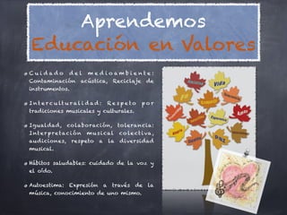 Aprendemos
Educación en Valores
Cui dado del med ioambiente:
Contaminación acústica, Reciclaje de
instrumentos.

I n t e r c u lt u r a l i d a d : R e s p e t o   por
tradiciones musicales y culturales.

Igualdad, co laboración, to lerancia:
I nt e r p r e t ac i ó n m u s i cal co le ct i va ,
audiciones, respeto a la diversidad
musical.

Hábitos saludables: cuidado de la voz y
el oído.

Autoestima: Expresión a través de la
música, conocimiento de uno mismo.
 