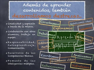 Además de aprender
             contenidos, también
   desarrollamos destrezas..
                            Escuch                                 as
                                                           o s i de
Creatividad y expresión           amos         Si ntetiza
                                                         m
a través de la música.
                                       Exponemos        Lee mo s
Colaboración con otros
                           Debatim
alum nos, trabajo en                 os
equipo.                                              Cre
                                                        amo
                                                            s
                           Ed itamos
Responsabilidad,
Autoaprend izaj e,
                            A u d io                          s amos
Comunicación.
                                                    Im pro vi
De s ar ro llo d e la s
                            Escribi                Analiz
Competencias Básicas.                 mo s               amos
Fo m e nto    de    las            Grabamos vídeo
inteligencias múltiples.
                             Reflexi            Disf ruta
                                     onamo               mo s
                                           s
 