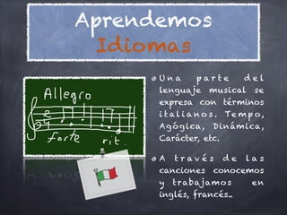 Aprendemos
  Idiomas
      Una         parte       del
      lenguaje musical se
      expresa con términos
      i t a l i a n o s . Te m p o ,
      A g ó g i ca , D i n á m i ca ,
      Carácter, etc.

      A t r av é s d e la s
      canciones conocemos
      y t r a baj am o s en
      inglés, francés..
 