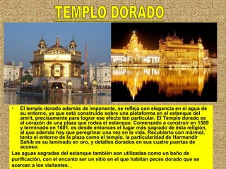 • El templo dorado además de imponente, se refleja con elegancia en el agua de
su entorno, ya que está construido sobre una plataforma en el estanque del
amrit, precisamente para lograr ese efecto tan particular. El Templo dorado es
el corazón de una plaza que rodea el estanque. Comenzado a construir en 1589
y terminado en 1601, es desde entonces el lugar más sagrado de ésta religión,
al que además hay que peregrinar una vez en la vida. Recubierto con mármol,
tanto el entorno de la plaza como el templo, la particularidad de Harmandir
Sahib es su laminado en oro, y detalles dorados en sus cuatro puertas de
acceso.
Las aguas sagradas del estanque también son utilizadas como un baño de
purificación, con el encanto ser un sitio en el que habitan peces dorado que se
acercan a los visitantes.
 