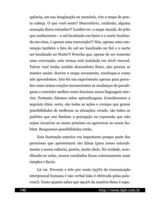 quência, em sua imaginação ou memória, vire o mapa de pon-
      ta cabeça. O que você sente? Desconforto, confusão, alguma
      sensação física estranha?? Lembre-se: o mapa mundi, do jeito
      que conhecemos - o sul localizado em baixo e o norte localiza-
      do em cima, é apenas uma convenção!!! Sim, apenas uma con-
      venção também o fato do sul ser localizado no Sul e o norte
      ser localizado no Norte!!! Perceba que, apesar de ser somente
      uma convenção, esta crença está instalada em nível visceral.
      Talvez você tenha sentido desconforto físico, não precisa se
      manter assim: desvire o mapa novamente, recoloque-o como
      nós aprendemos. Isto foi um experimento apenas para perce-
      ber como temos reações inconscientes às mudanças de paradi-
      gmas e entender melhor como funciona nossa linguagem inte-
      rior. Portanto, falemos sobre aprendizagens. Consideremos a
      seguinte ética: certo, são todas as ações e crenças que geram
      possibilidades de melhorar as situações; errado, são todos os
      padrões que nos limitam a percepção ou expressão que não
      sejam invasivas ao nosso próximo ou agressivas ao nosso ha-
      bitat. Busquemos possibilidades então.

          Esta ilustração anterior era importante porque parte das
      premissas que apresentarei são falsas (para nosso entendi-
      mento e nossa cultura), porém, muito úteis. Na verdade, acre-
      ditando-se nelas, nossos resultados ficam extremamente mais
      simples e fáceis.

          Lá vai. Noventa e três por cento (93%) da comunicação
      interpessoal humana é não verbal (não é efetivada pelas pala-
      vras!). Tanto quanto saber que 99,9% da matéria física é espa-

140                                             http://www.idph.com.br
 