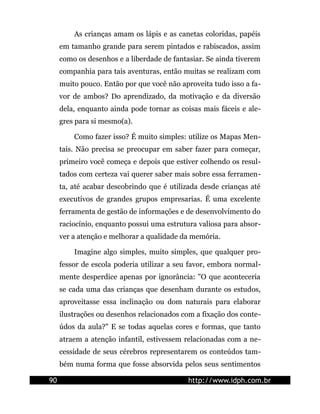 As crianças amam os lápis e as canetas coloridas, papéis
     em tamanho grande para serem pintados e rabiscados, assim
     como os desenhos e a liberdade de fantasiar. Se ainda tiverem
     companhia para tais aventuras, então muitas se realizam com
     muito pouco. Então por que você não aproveita tudo isso a fa-
     vor de ambos? Do aprendizado, da motivação e da diversão
     dela, enquanto ainda pode tornar as coisas mais fáceis e ale-
     gres para si mesmo(a).

         Como fazer isso? É muito simples: utilize os Mapas Men-
     tais. Não precisa se preocupar em saber fazer para começar,
     primeiro você começa e depois que estiver colhendo os resul-
     tados com certeza vai querer saber mais sobre essa ferramen-
     ta, até acabar descobrindo que é utilizada desde crianças até
     executivos de grandes grupos empresarias. É uma excelente
     ferramenta de gestão de informações e de desenvolvimento do
     raciocínio, enquanto possui uma estrutura valiosa para absor-
     ver a atenção e melhorar a qualidade da memória.

         Imagine algo simples, muito simples, que qualquer pro-
     fessor de escola poderia utilizar a seu favor, embora normal-
     mente desperdice apenas por ignorância: "O que aconteceria
     se cada uma das crianças que desenham durante os estudos,
     aproveitasse essa inclinação ou dom naturais para elaborar
     ilustrações ou desenhos relacionados com a fixação dos conte-
     údos da aula?" E se todas aquelas cores e formas, que tanto
     atraem a atenção infantil, estivessem relacionadas com a ne-
     cessidade de seus cérebros representarem os conteúdos tam-
     bém numa forma que fosse absorvida pelos seus sentimentos

90                                          http://www.idph.com.br
 
