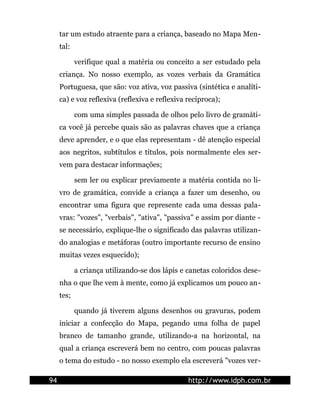 tar um estudo atraente para a criança, baseado no Mapa Men-
     tal:

            verifique qual a matéria ou conceito a ser estudado pela
     criança. No nosso exemplo, as vozes verbais da Gramática
     Portuguesa, que são: voz ativa, voz passiva (sintética e analíti-
     ca) e voz reflexiva (reflexiva e reflexiva recíproca);

            com uma simples passada de olhos pelo livro de gramáti-
     ca você já percebe quais são as palavras chaves que a criança
     deve aprender, e o que elas representam - dê atenção especial
     aos negritos, subtítulos e títulos, pois normalmente eles ser-
     vem para destacar informações;

            sem ler ou explicar previamente a matéria contida no li-
     vro de gramática, convide a criança a fazer um desenho, ou
     encontrar uma figura que represente cada uma dessas pala-
     vras: "vozes", "verbais", "ativa", "passiva" e assim por diante -
     se necessário, explique-lhe o significado das palavras utilizan-
     do analogias e metáforas (outro importante recurso de ensino
     muitas vezes esquecido);

            a criança utilizando-se dos lápis e canetas coloridos dese-
     nha o que lhe vem à mente, como já explicamos um pouco an-
     tes;

            quando já tiverem alguns desenhos ou gravuras, podem
     iniciar a confecção do Mapa, pegando uma folha de papel
     branco de tamanho grande, utilizando-a na horizontal, na
     qual a criança escreverá bem no centro, com poucas palavras
     o tema do estudo - no nosso exemplo ela escreverá "vozes ver-

94                                              http://www.idph.com.br
 