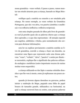 nossa gramática - vozes verbais. E passo a passo, vamos mon-
tar um estudo atraente para a criança, baseado no Mapa Men-
tal:
verifique qual a matéria ou conceito a ser estudado pela
criança. No nosso exemplo, as vozes verbais da Gramática
Portuguesa, que são: voz ativa, voz passiva (sintética e analíti-
ca) e voz reflexiva (reflexiva e reflexiva recíproca);
com uma simples passada de olhos pelo livro de gramáti-
ca você já percebe quais são as palavras chaves que a criança
deve aprender, e o que elas representam - dê atenção especial
aos negritos, subtítulos e títulos, pois normalmente eles ser-
vem para destacar informações;
sem ler ou explicar previamente a matéria contida no li-
vro de gramática, convide a criança a fazer um desenho, ou
encontrar uma figura que represente cada uma dessas pala-
vras: "vozes", "verbais", "ativa", "passiva" e assim por diante -
se necessário, explique-lhe o significado das palavras utilizan-
do analogias e metáforas (outro importante recurso de ensino
muitas vezes esquecido);
a criança utilizando-se dos lápis e canetas coloridos dese-
nha o que lhe vem à mente, como já explicamos um pouco an-
tes;
quando já tiverem alguns desenhos ou gravuras, podem
iniciar a confecção do Mapa, pegando uma folha de papel
branco de tamanho grande, utilizando-a na horizontal, na
qual a criança escreverá bem no centro, com poucas palavras
95 http://www.idph.com.br
 