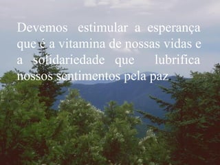 Devemos  estimular  a  esperança que é a vitamina de nossas vidas e a  solidariedade  que  lubrifica nossos sentimentos pela paz . 