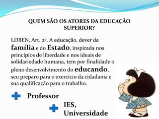 QUEM SÃO OS ATORES DA EDUCAÇÃO
                 SUPERIOR?

LDBEN, Art. 2º. A educação, dever da
família e do Estado, inspirada nos
princípios de liberdade e nos ideais de
solidariedade humana, tem por finalidade o
pleno desenvolvimento do educando,
seu preparo para o exercício da cidadania e
sua qualificação para o trabalho.

      Professor
                     IES,
                     Universidade
 