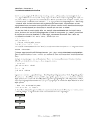 114APRENDENDO O ACTIONSCRIPT 3.0
Programação orientada a objetos no ActionScript
Última atualização em 12/5/2011
Embora essa primeira geração do ActionScript não ofereça suporte à definição de classes com uma palavra-chave
class, é possível definir uma classe usando um tipo especial de objeto chamado objeto de protótipo. Em vez de usar
uma palavra-chave class para criar uma definição de classe abstrata que você instancia em objetos concretos, como
o faz em linguagens baseadas em classe, como Java e C++, as linguagens baseadas em protótipo como o ActionScript
1.0 usam um objeto existente como um modelo (ou protótipo) para outros objetos. Enquanto objetos em uma
linguagem baseada em classe podem apontar para uma classe que serve como seu modelo, objetos em uma linguagem
baseada em protótipo apontam para outro objeto, seu protótipo, que serve como seu modelo.
Para criar uma classe no ActionScript 1.0, defina uma função de construtor para essa classe. No ActionScript, as
funções são objetos reais, não apenas definições abstratas. A função de construtor que você cria serve como o objeto
de protótipo para ocorrências dessa classe. O código a seguir cria uma classe denominada Shape e define uma
propriedade denominada visible que, por padrão, é definida como true:
// base class
function Shape() {}
// Create a property named visible.
Shape.prototype.visible = true;
Essa função de construtor define uma classe Shape que você pode instanciar com o operador new, da seguinte maneira:
myShape = new Shape();
Do mesmo modo como o objeto de função de construtor Shape() serve como protótipo para ocorrências da classe
Shape, ele também pode servir como o protótipo para subclasses de Shape, isto é, outras classes que estendem a classe
Shape.
A criação de uma classe que é uma subclasse da classe Shape é um processo de duas etapas. Primeiro, crie a classe
definindo uma função de construtor para a classe, da seguinte maneira:
// child class
function Circle(id, radius)
{
this.id = id;
this.radius = radius;
}
Segundo, use o operador new para declarar que a classe Shape é o protótipo para a classe Circle. Por padrão, qualquer
classe criada usa a classe Object como seu protótipo, o que significa que Circle.prototype atualmente contém um
objeto genérico (uma ocorrência da classe Object). Para especificar que o protótipo de Circle é Shape em vez de Object,
use o código a seguir para alterar o valor de Circle.prototype para que ele contenha um objeto Shape em vez de um
objeto genérico:
// Make Circle a subclass of Shape.
Circle.prototype = new Shape();
As classes Shape e Circle estão agora vinculadas em conjunto em um relacionamento de herança que é conhecido como
a cadeia de protótipos. O diagrama ilustra os relacionamentos em uma cadeia de protótipos:
Object.prototype
Shape.prototype
Circle.prototype
 
