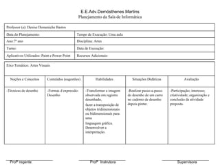 Profª regente  Profª  Instrutora  Supervisora E.E.Adv.Demósthenes Martins Planejamento da Sala de Informática Recursos Adicionais: Aplicativos Utilizados: Paint e Power Point Data de Execução:  Turno:  Disciplina: Artes Ano:7º ano Tempo de Execução: Uma aula Data do Planejamento: Professor (a): Denise Domeniche Bastos -Participação; interesse; criatividade; organização e conclusão da atividade proposta. -Realizar passo-a-passo do desenho de um carro no caderno de desenho depois pintar.  -Transformar a imagem observada em registro desenhado, fazer a transposição de objetos tridimensionais ou bidimensionais para uma linguagem gráfica. Desenvolver a interpretação.  -Formas d expressão: Desenho -Técnicas de desenho Avaliação Situações Didáticas Habilidades Conteúdos (sugestões) Noções e Conceitos Eixo Temático: Artes Visuais 