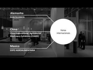 Primeiros passos
 Alemanha
 AGRITECHNICA




 China                                  Feiras
         Feiras
 China International Agricultural   internacionais
 Machinery Exhibition (CIAME)



 Mexico
 EXPO AGROALIMENTARIA
 