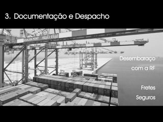 3. Documentação e Despacho




                             Desembaraço
                                com a RF


                                   Fretes
                                  Seguros
 