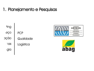 1. Planejamento e Pesquisas



Marketing
    Preço    PCP
butação      Qualidade
 técnicas    Logística
 stratégia
 