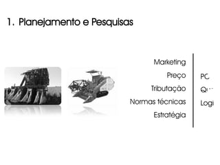 1. Planejamento e Pesquisas



                                Marketing
                                    Preço    PCP
                               Tributação    Qualid
                          Normas técnicas    Logístic
                                Estratégia
 