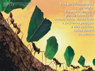 Elas pareciam alegresElas pareciam alegres
na tarefa.na tarefa.
Em pouco tempo, aEm pouco tempo, a
grande folha haviagrande folha havia
desaparecido, dando lugardesaparecido, dando lugar
a pequenos pedaçosa pequenos pedaços
e eles estavame eles estavam
todos dentrotodos dentro
do buraco.do buraco.
 
