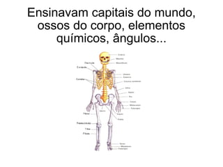 Ensinavam capitais do mundo, ossos do corpo, elementos químicos, ângulos... 