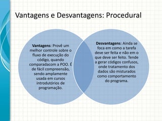 Vantagens e Desvantagens: Procedural
Vantagens: Provê um
melhor controle sobre o
fluxo de execução do
código, quando
comparadacom a POO. É
de fácil compreensão,
sendo amplamente
usada em cursos
introdutórios de
programação.
Desvantagens: Ainda se
foca em como a tarefa
deve ser feita e não em o
que deve ser feito. Tende
a gerar códigos confusos,
onde tratamento dos
dados são misturados
como comportamento
do programa.
 