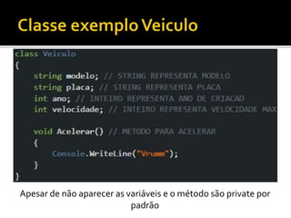 Apesar de não aparecer as variáveis e o método são private por
padrão
 