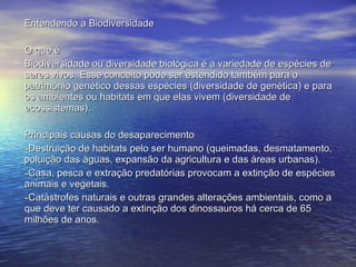 Entendendo a Biodiversidade O que é Biodiversidade ou diversidade biológica é a variedade de espécies de seres vivos. Esse conceito pode ser estendido também para o patrimônio genético dessas espécies (diversidade de genética) e para os ambientes ou habitats em que elas vivem (diversidade de ecossistemas). Principais causas do desaparecimento Destruição de habitats pelo ser humano (queimadas, desmatamento, poluição das águas, expansão da agricultura e das áreas urbanas). Casa, pesca e extração predatórias provocam a extinção de espécies animais e vegetais. Catástrofes naturais e outras grandes alterações ambientais, como a que deve ter causado a extinção dos dinossauros há cerca de 65 milhões de anos. 