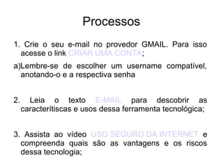 Processos
1. Crie o seu e-mail no provedor GMAIL. Para isso
  acesse o link CRIAR UMA CONTA;
a)Lembre-se de escolher um username compatível,
  anotando-o e a respectiva senha


2.     Leia o texto E-MAIL para descobrir as
     caracterítiscas e usos dessa ferramenta tecnológica;


3. Assista ao vídeo USO SEGURO DA INTERNET e
  compreenda quais são as vantagens e os riscos
  dessa tecnologia;
 