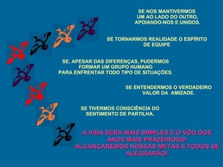 SE TORNARMOS REALIDADE O ESPÍRITO DE EQUIPE SE, APESAR DAS DIFERENÇAS, PUDERMOS FORMAR UM GRUPO HUMANO PARA ENFRENTAR TODO TIPO DE SITUAÇÕES. SE ENTENDERMOS O VERDADEIRO VALOR DA  AMIZADE. SE TIVERMOS CONSCIÊNCIA DO SENTIMENTO DE PARTILHA. A VIDA SERÁ MAIS SIMPLES E O VÔO DOS ANOS MAIS PRAZEIROSO! ALCANÇAREMOS NOSSAS METAS E TODOS SE ALEGRARÃO! SE NOS MANTIVERMOS  UM AO LADO DO OUTRO, APOIANDO-NOS E UNIDOS. 