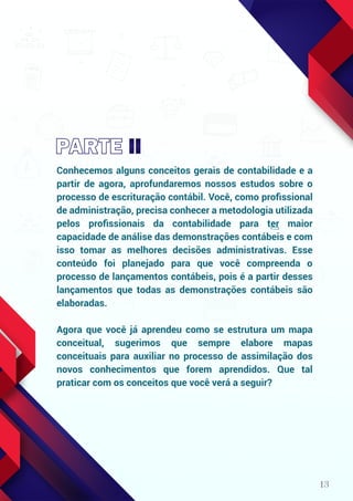 13
Conhecemos alguns conceitos gerais de contabilidade e a
partir de agora, aprofundaremos nossos estudos sobre o
processo de escrituração contábil. Você, como proﬁssional
de administração, precisa conhecer a metodologia utilizada
pelos proﬁssionais da contabilidade para ter maior
capacidade de análise das demonstrações contábeis e com
isso tomar as melhores decisões administrativas. Esse
conteúdo foi planejado para que você compreenda o
processo de lançamentos contábeis, pois é a partir desses
lançamentos que todas as demonstrações contábeis são
elaboradas.
Agora que você já aprendeu como se estrutura um mapa
conceitual, sugerimos que sempre elabore mapas
conceituais para auxiliar no processo de assimilação dos
novos conhecimentos que forem aprendidos. Que tal
praticar com os conceitos que você verá a seguir?
 