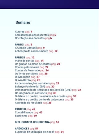 Sumário
Autores pag. 4
Apresentação aos discentes pag.5
Orientação aos docentes pag.6
PARTE I pag. 8
A Ciência Contábil pag. 9
Aplicação do conhecimento pag. 12
PARTE II pag. 13
Plano de contas pag. 14
Os grupos do plano de contas pag. 20
Contas patrimoniais pag. 22
Contas de Resultadopag. 24
Os livros contábeis pag. 26
O livro Diário pag. 27
O livro Razão pag. 28
As demonstrações contábeis pag. 29
Balanço Patrimonial (BP) pag. 30
Demonstração do Resultado do Exercício (DRE) pag. 32
Os lançamentos contábeis pag. 33
O débito e o crédito na natureza das contas pag. 33
O débito e o crédito dentro de cada conta pag. 35
Apuração do resultado pag. 38
PARTE III pag. 42
Contabilizando pag. 43
Exercícios pag. 50
BIBLIOGRAFIA CONSULTADA pag. 51
APÊNDICE I pag. 54
Sugestão de utilização do e-book pag. 54
 